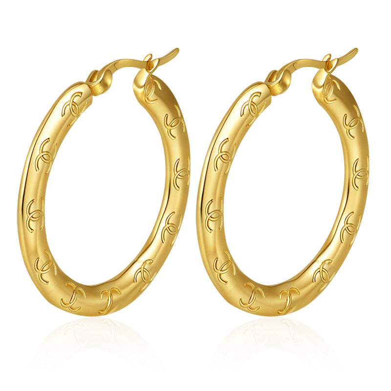Wholesale Embossed Round Earrings Stainless Steel Gold Plated Everyday Wear Jewelry Accessory