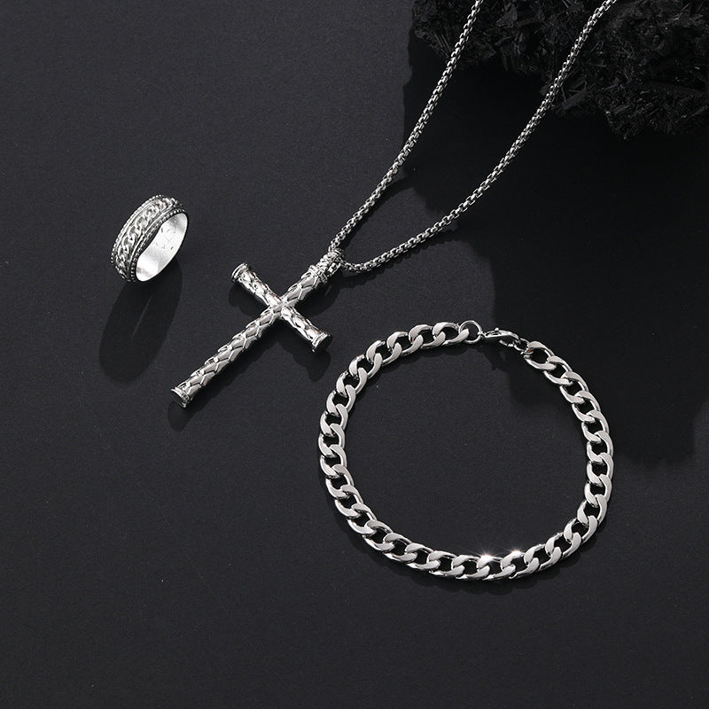 Wholesale Stylish Black Cross Crown Roman Numeral 3 Piece Jewelry Set Necklace Bracelet Ring Fashion Accessory Gift