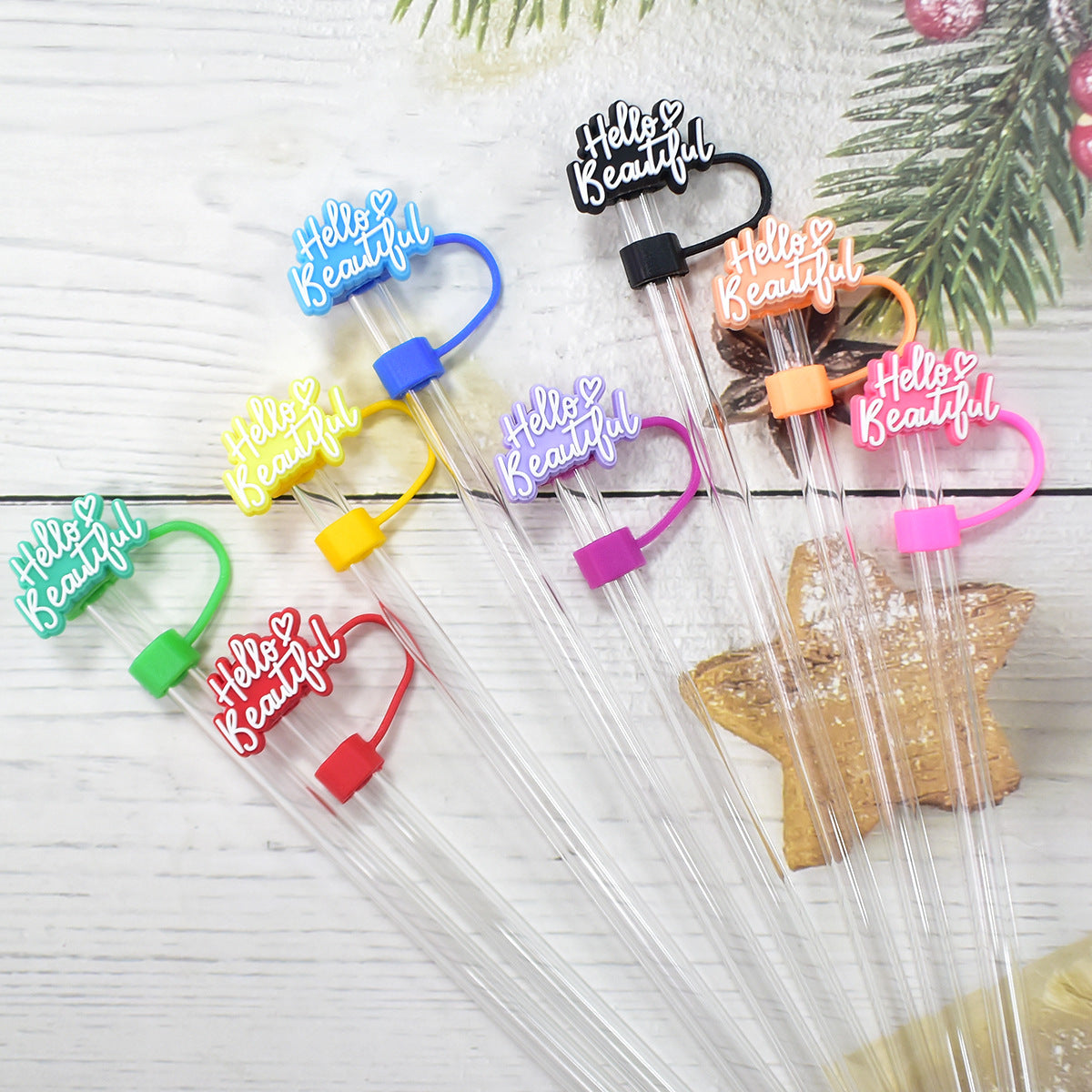 Wholesale  Random 100pcs  Colorful Phrase 10mm PVC Soft Straw Tube Cap