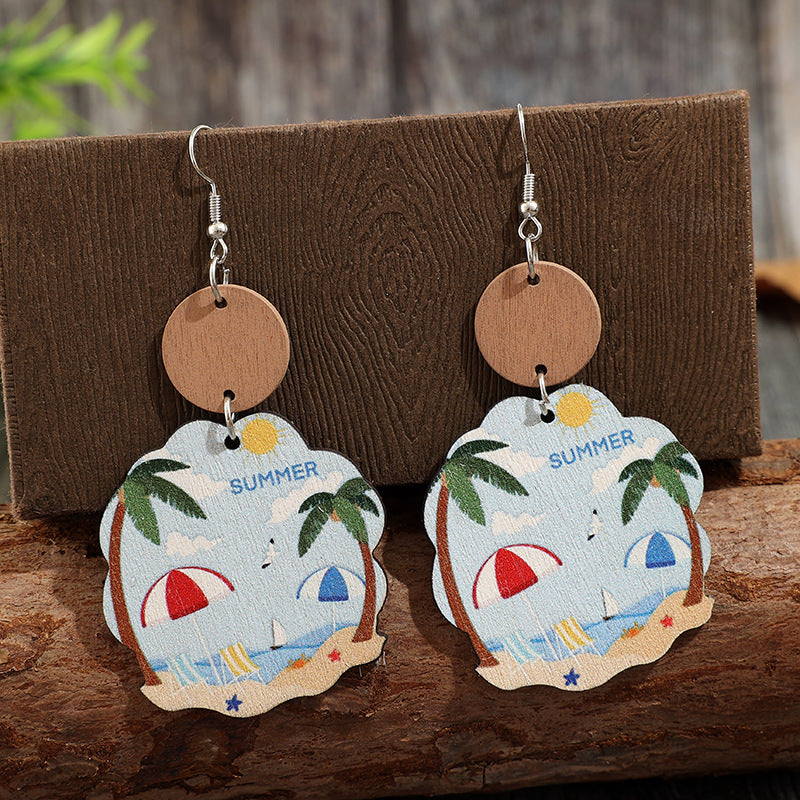 Wholesale Wooden Earrings for Women,  nut Tree Pattern Beach Summer Style Fashion Accessory