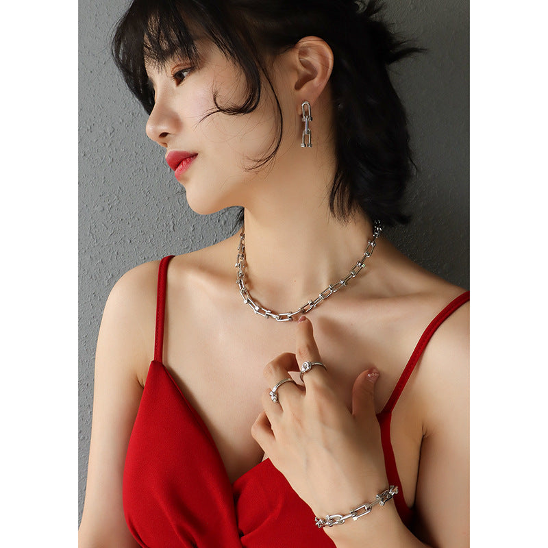 Wholesale Titanium Steel Bold U-Shaped Horseshoe Buckle Thick Chain Necklace,  Stud Earrings,  and Bracelet Set