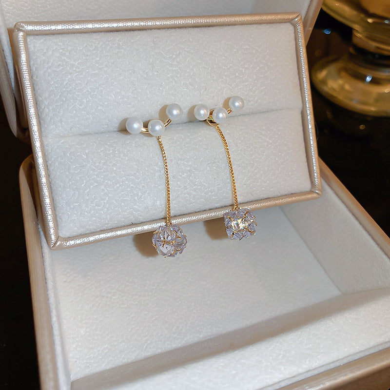 Wholesale silver needle pearl diamond geometric long earrings