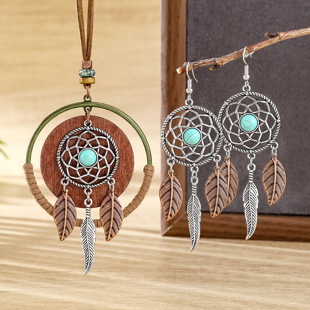 Wholesale Dream Catcher  Web Earrings and Necklace Set,  Alloy with Feather Tassel,  Ethnic Style Jewelry for Gift,  Party,  or Resale