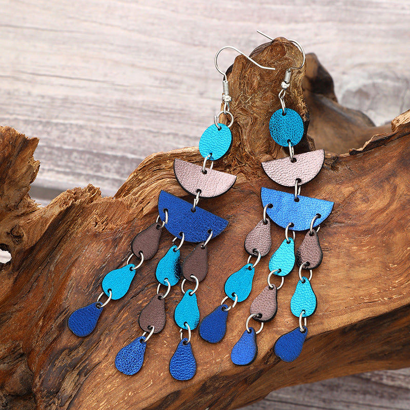 Wholesale  Bohemian Style Whole Feather Shape Small Leaf Light Blue Dark Blue PU Leather Earrings