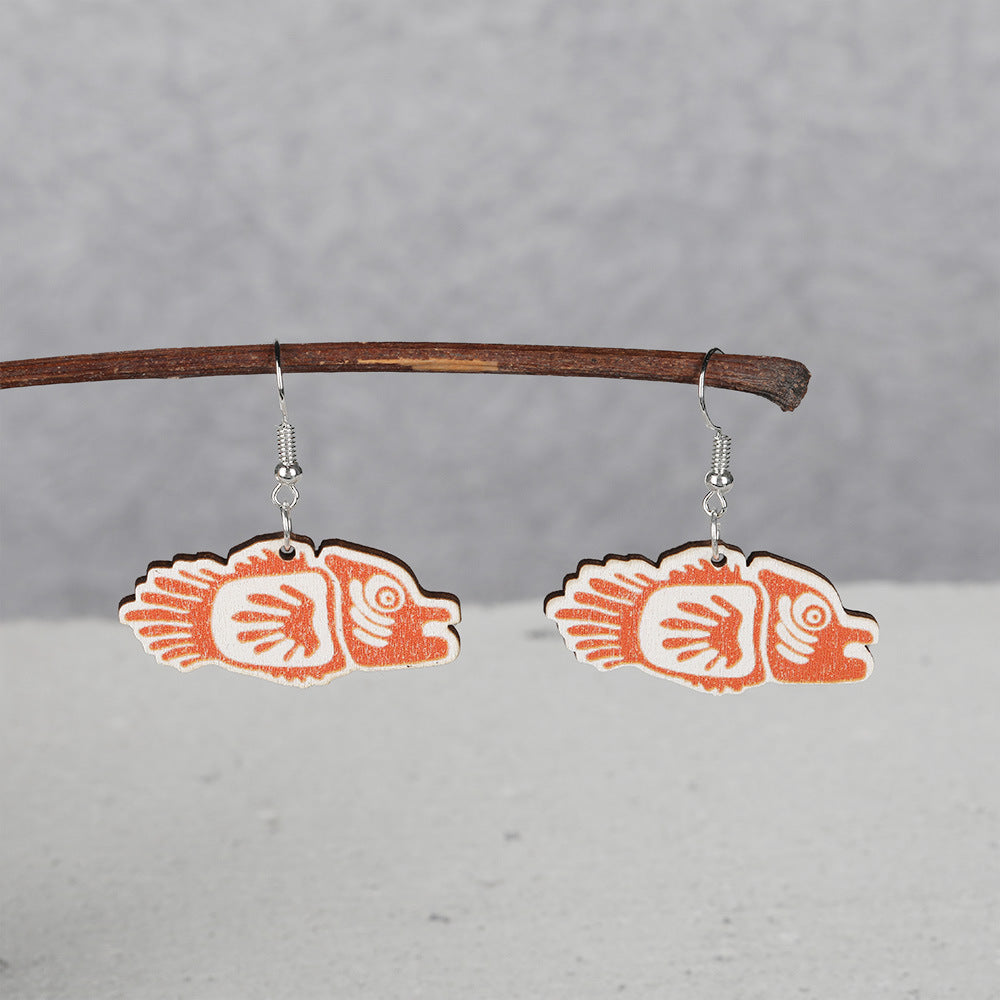 Wholesale wooden animal and Mayan image earrings