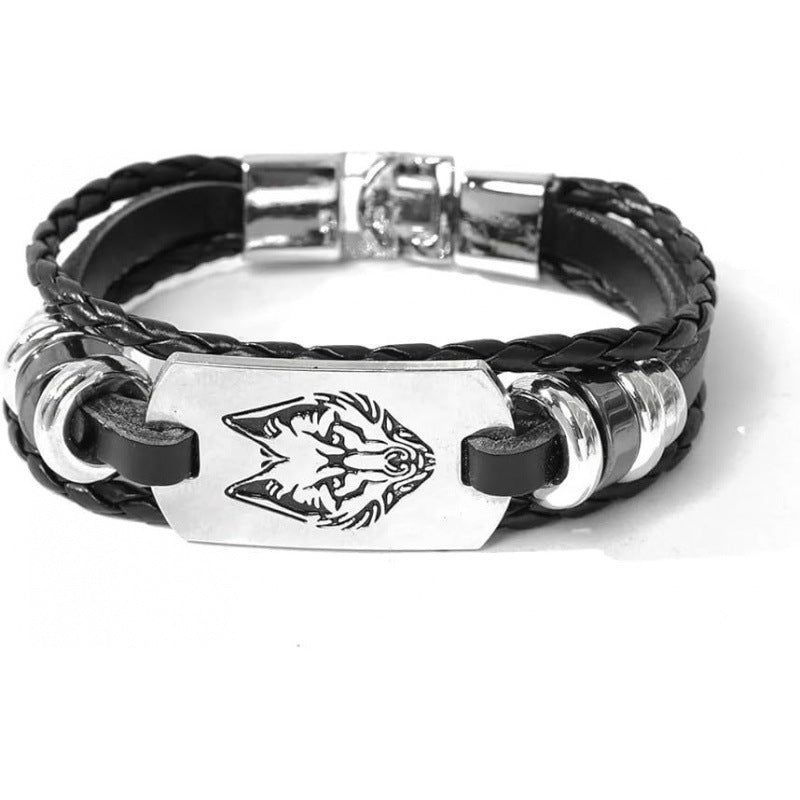 Wholesale Leather Steel Plate Bracelet,  Black Woven Steel Plate with Engraved Text,  Stainless Steel Tongue Clasp Leather Bracelet,  Three-Layer Leather Steel Plate Bracelet