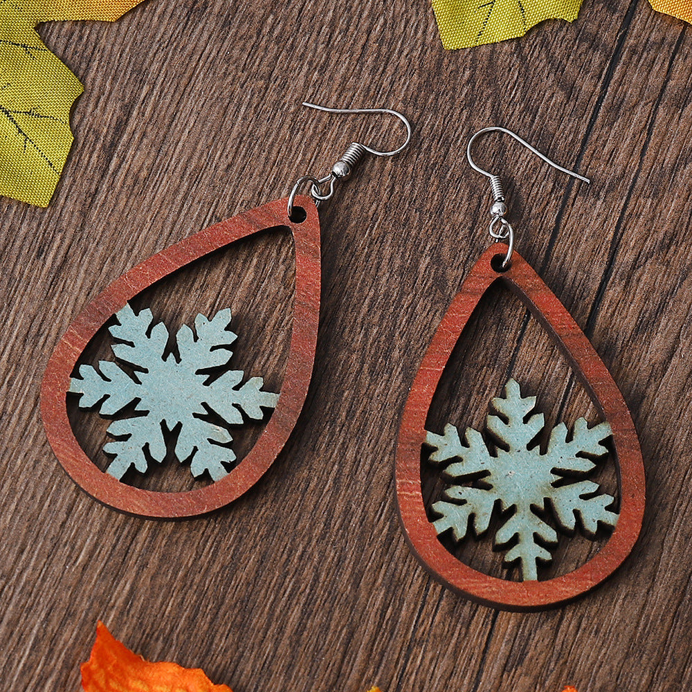 Wholesale winter snowflake water drop pendant earrings wooden hollow double-sided