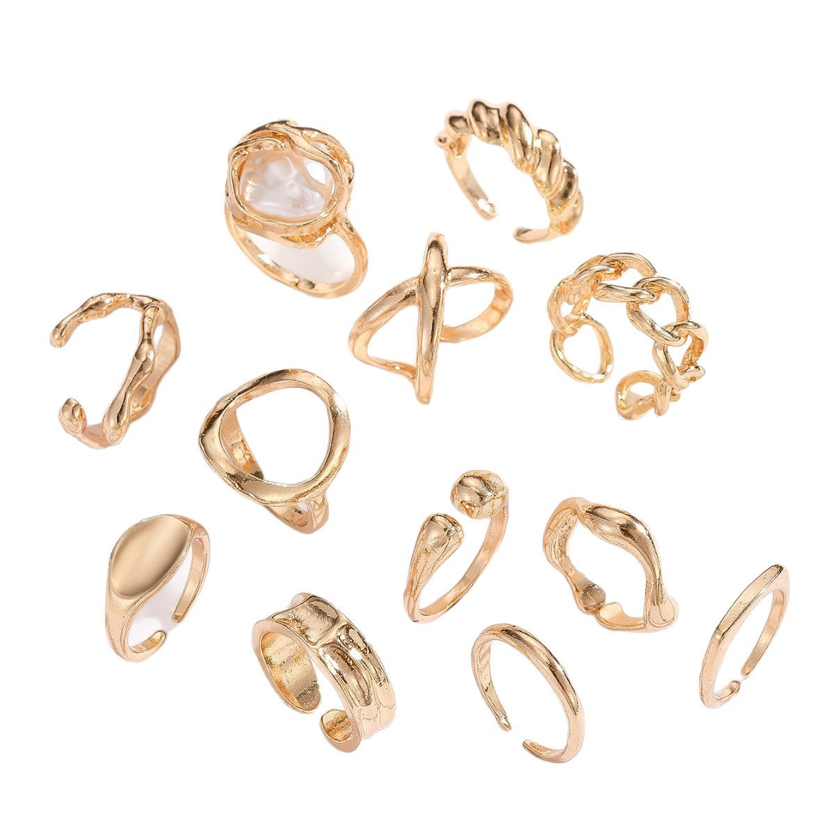 Wholesale 12 Piece Women S Geometric Pearl Accent Open Ring Set Zinc Alloy Gold Tone Stackable Jewelry Gift