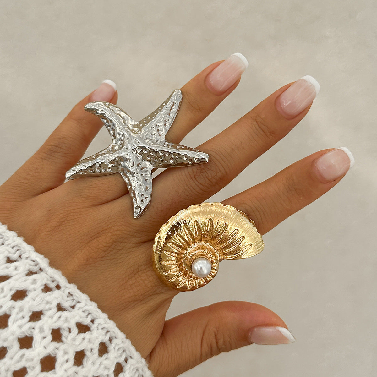 Wholesale Metal Starfish Exaggerated Pearl Conch Adjustable Ring