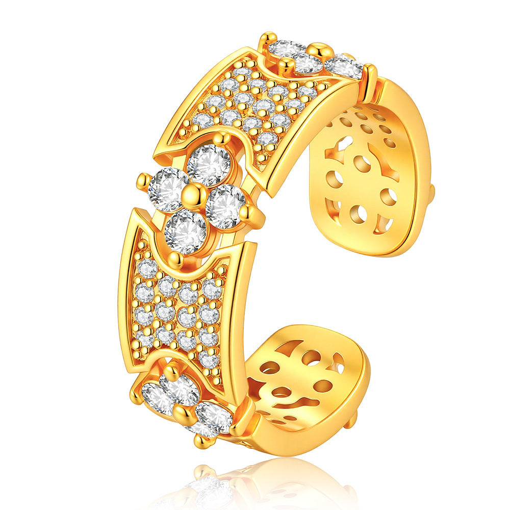 Wholesale Gold Electroplated Copper Four Leaf Clover Open Ring With Zircon Stylish Women S Fashion Jewelry Gift