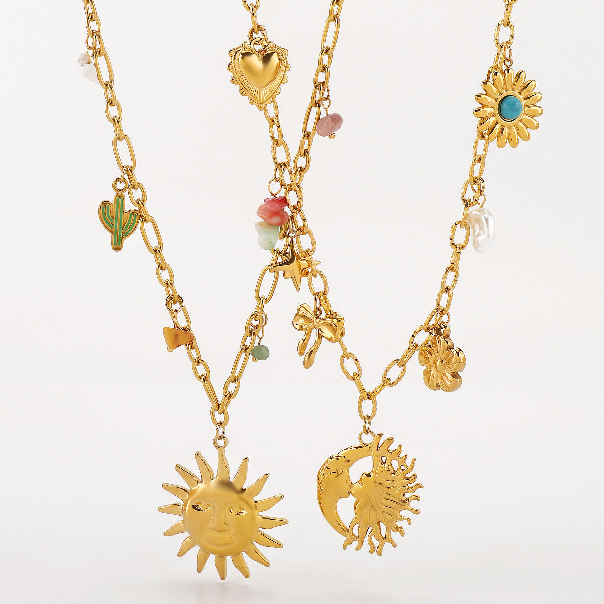 Wholesale  Stainless Steel Necklace Human Face Sun Star Moon Pendant Chain Retro 14K Gold Necklace for Women