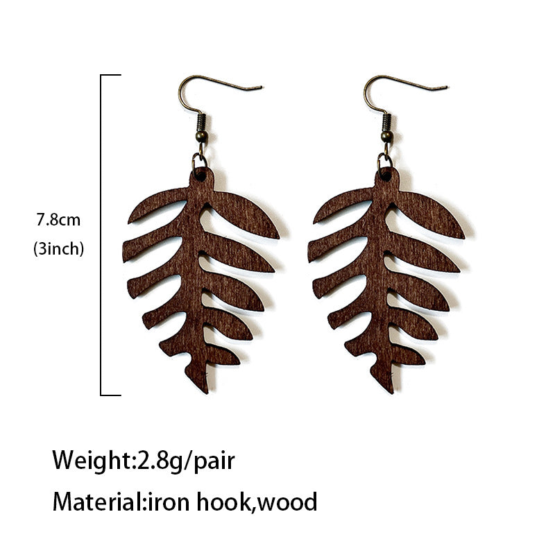 Wholesale  wooden earrings hollow cutting retro leaf shape earrings