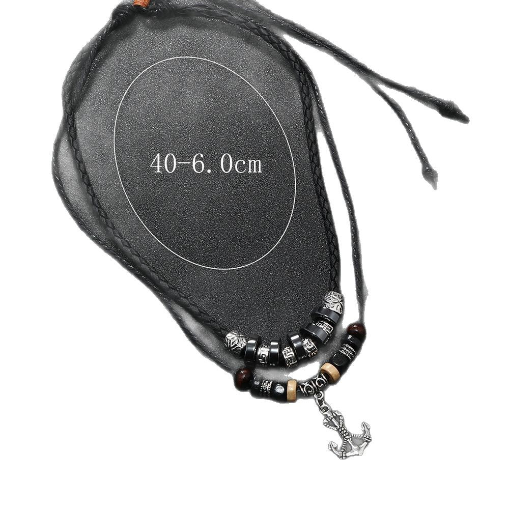 Wholesale Stylish Multilayer Beaded Leather Necklace With Anchor Pendant Retro Ethnic Men S Fashion Accessory