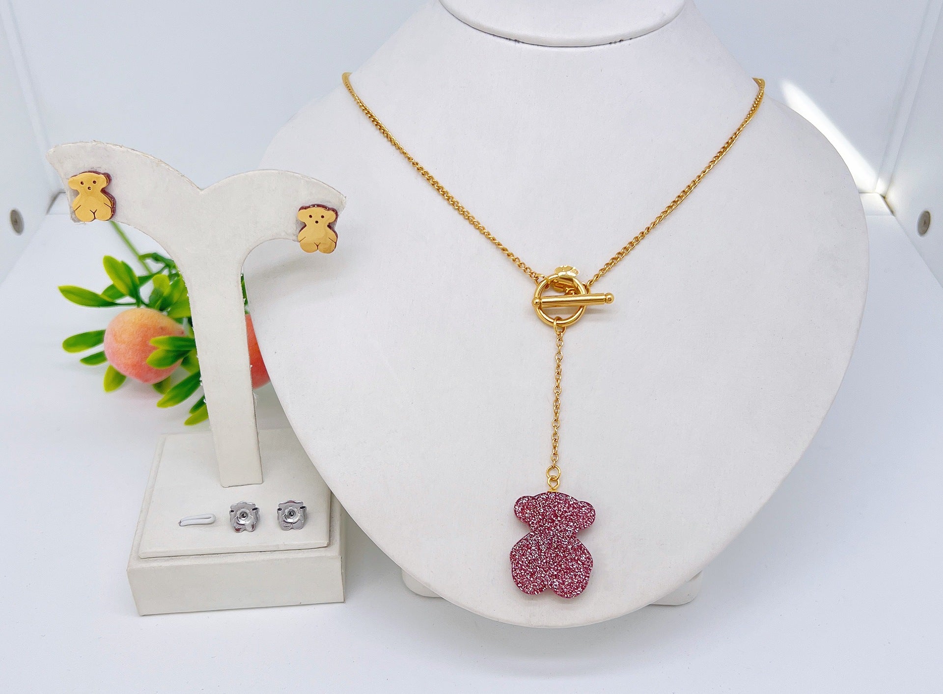 Wholesale Cute Bear Cartoon Stainless Steel Earrings and Necklace Set for Party Wear