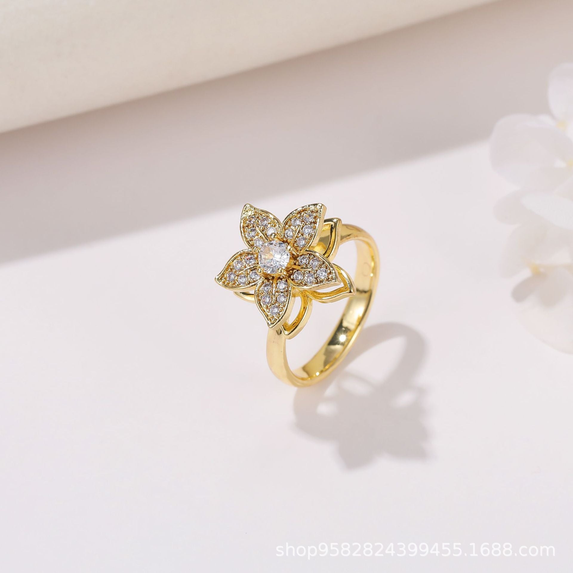 Wholesale 360° Rotating Double-Layer Flower Ring Gold Plated Zircon Fashion Accessory Boutique Gift