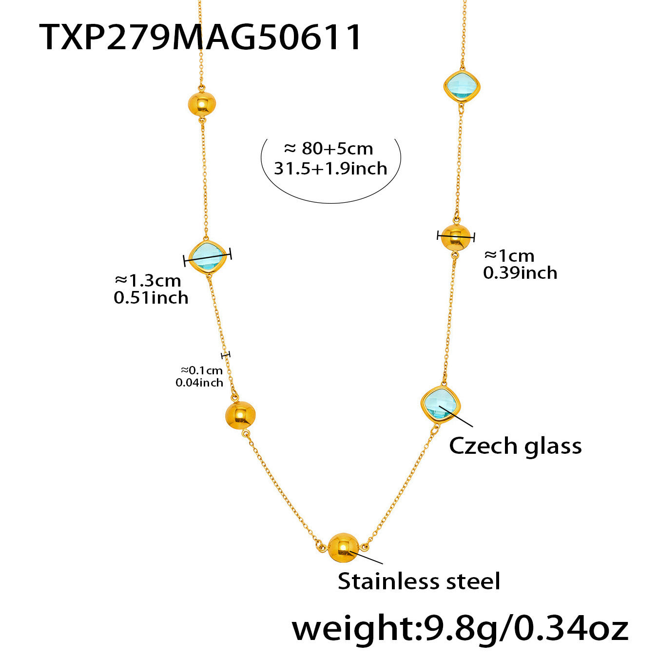 Wholesale Stainless steel Glass Stone Plated 18K Gold Long Necklace