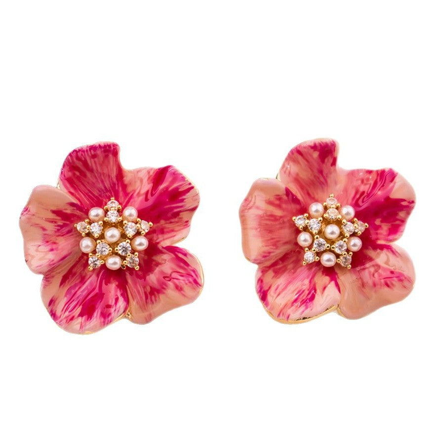 Wholesale Silver needle color zircon pearl camellia earrings