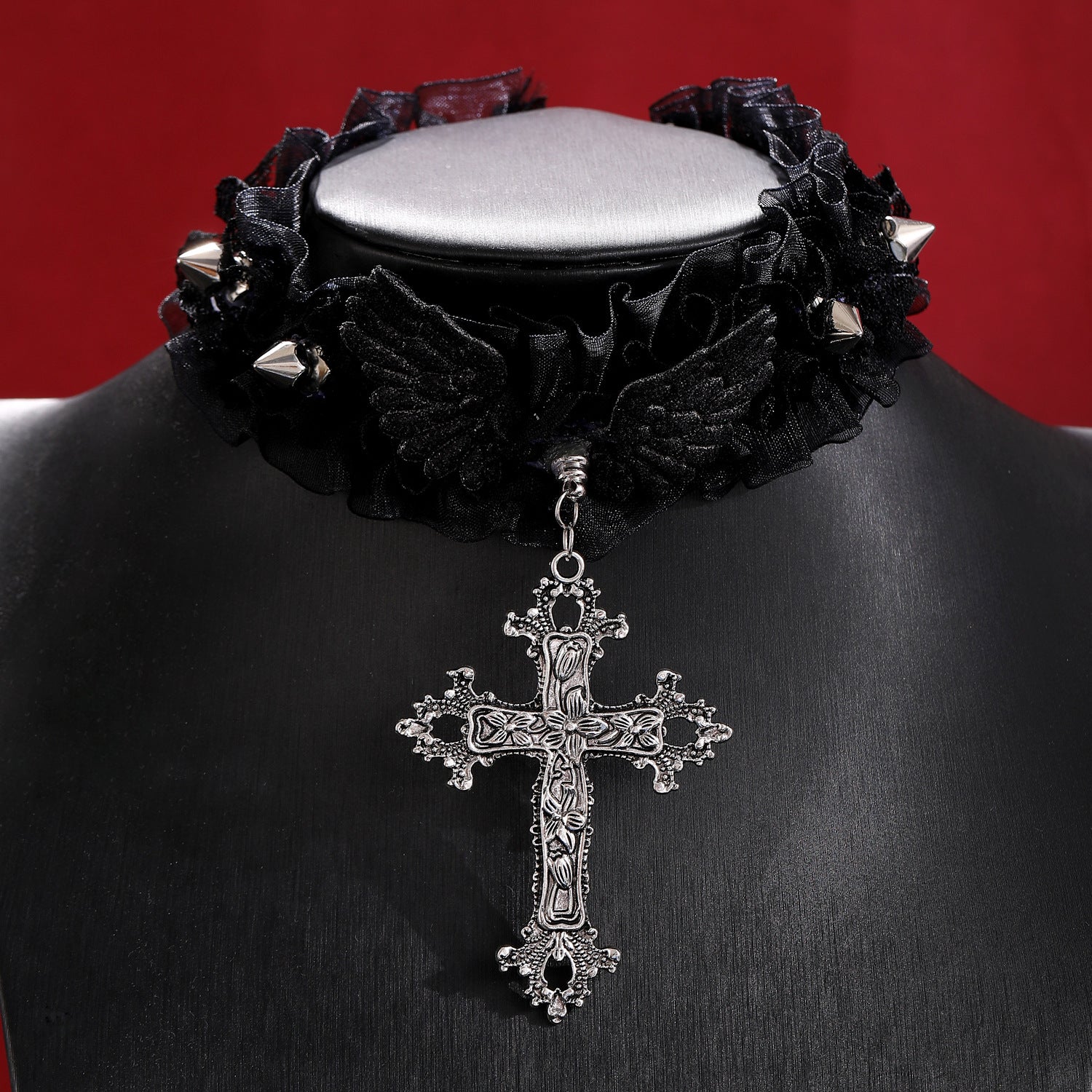 Wholesale Gothic Cross Choker Necklace Ancient Silver Rivet Flower Vine Design,  Trendy Jewelry Accessory for Gift or Boutique Resale