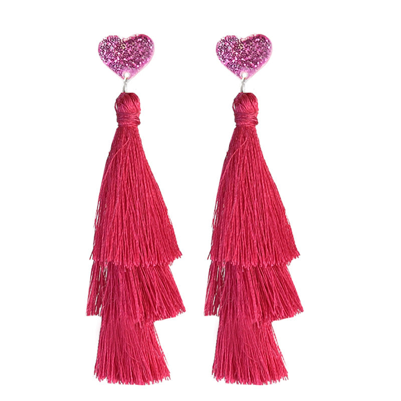 Wholesale 2 pairs/pack Valentine's Day Pink Multi-layer Heart Tassel Earrings ACC-ES-HY212