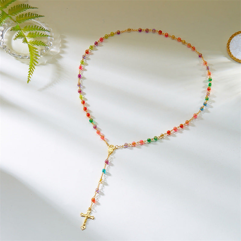 Wholesale Petal-shaped Colored Beads Madonna Cross Necklace Long Chain