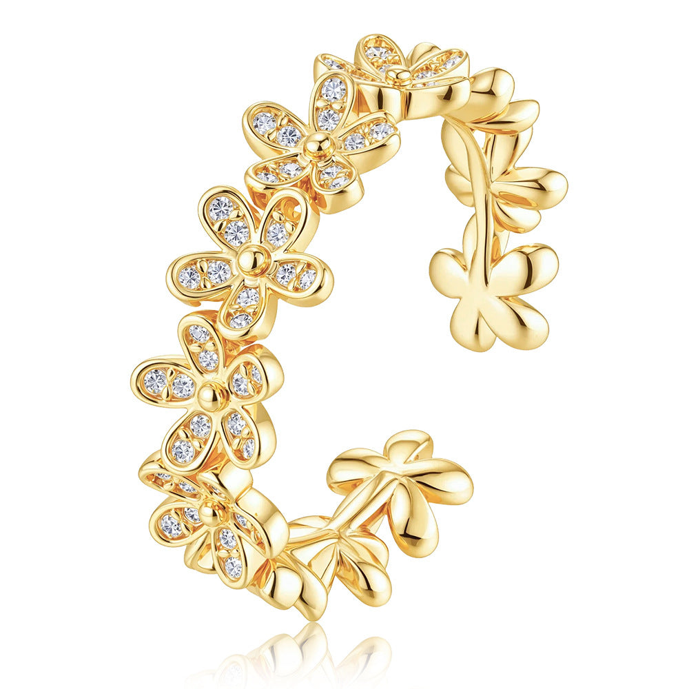 Wholesale Chic Gold Plated Flower Zircon Adjustable Ring For Women Fashion Jewelry Accessory