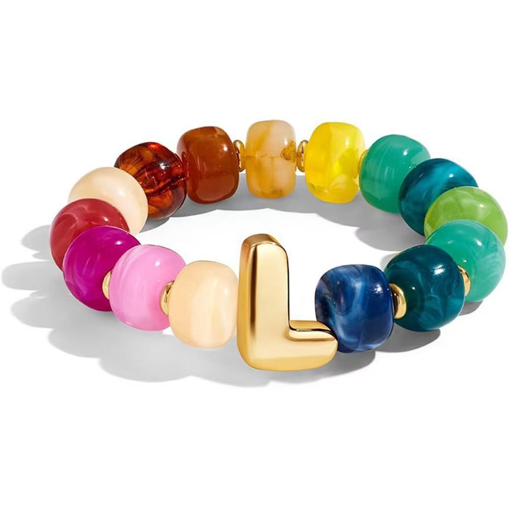 Wholesale 2026 Amazon Cross-Border Colorful Beaded 26 Letter Bracelet for Women,  Resin,  Fashionable and Unique,  High Elasticity Bracelet
