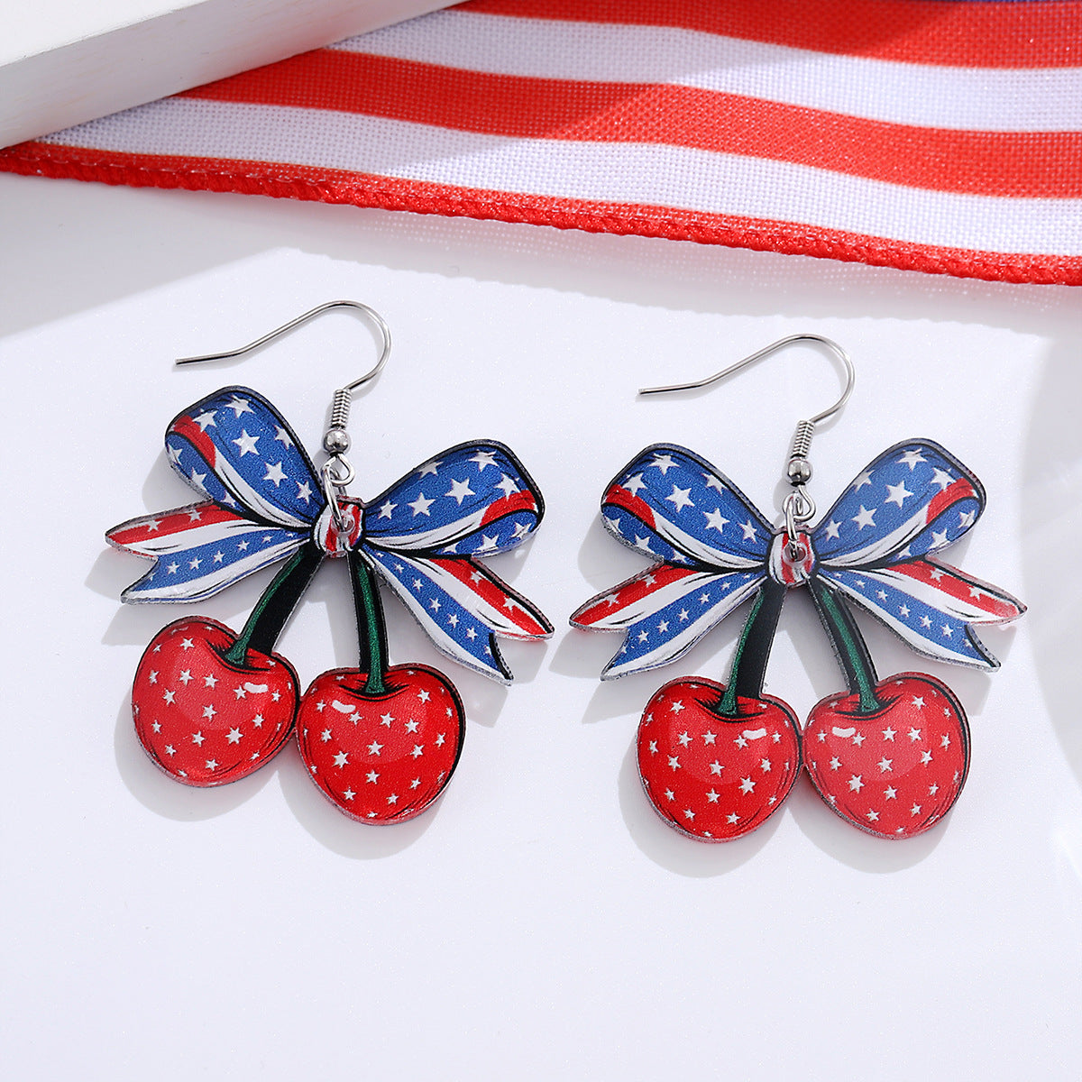 Wholesale Independence Day Red, White and Blue Bow Cherry American Flag Earrings