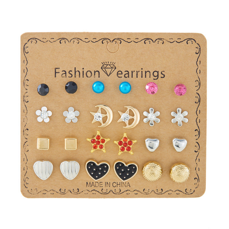 Wholesale month combination earrings 12 pairs of flowers love stars and moon diamond  earrings suit