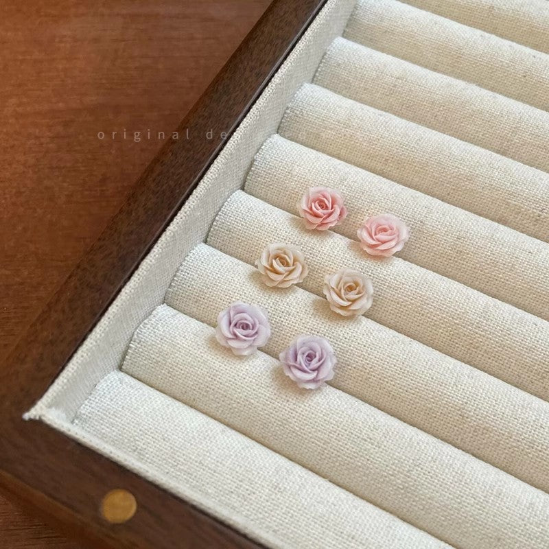 Wholesale Pink Rose Flower Silver Needle Earrings
