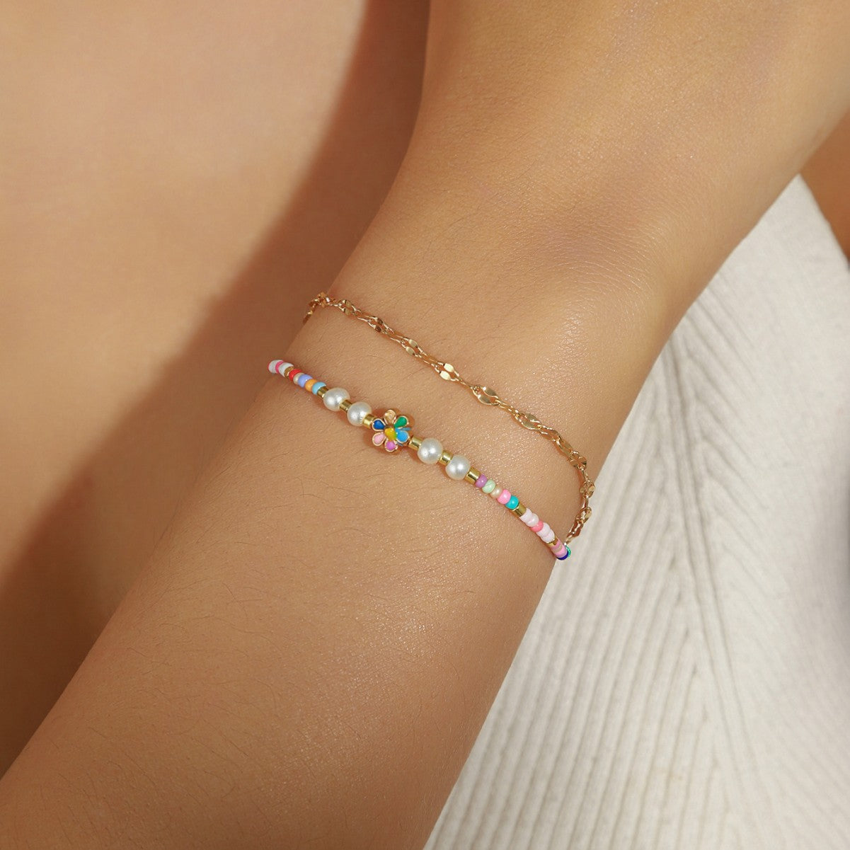 Wholesale retro Bohemian style colorful flower rice bead braided bracelet