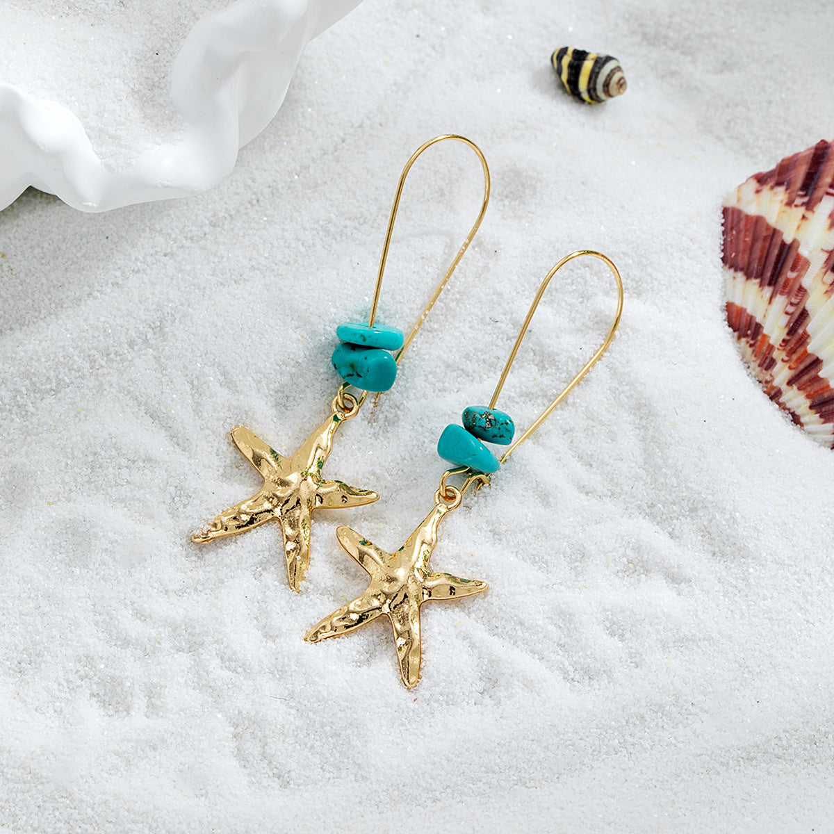 Wholesale  Ocean Style Alloy Starfish Pendant  Turquoise Beaded  Alloy Earrings