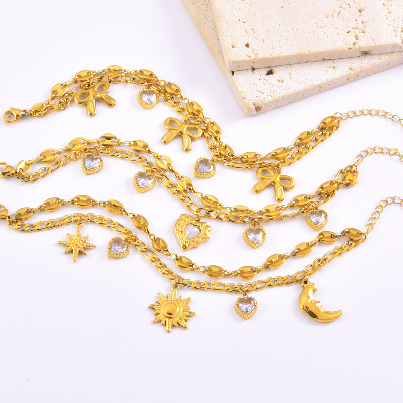 Wholesale Titanium Steel Bracelet Bow Star Moon Love Diamond Double Layer Bracelet