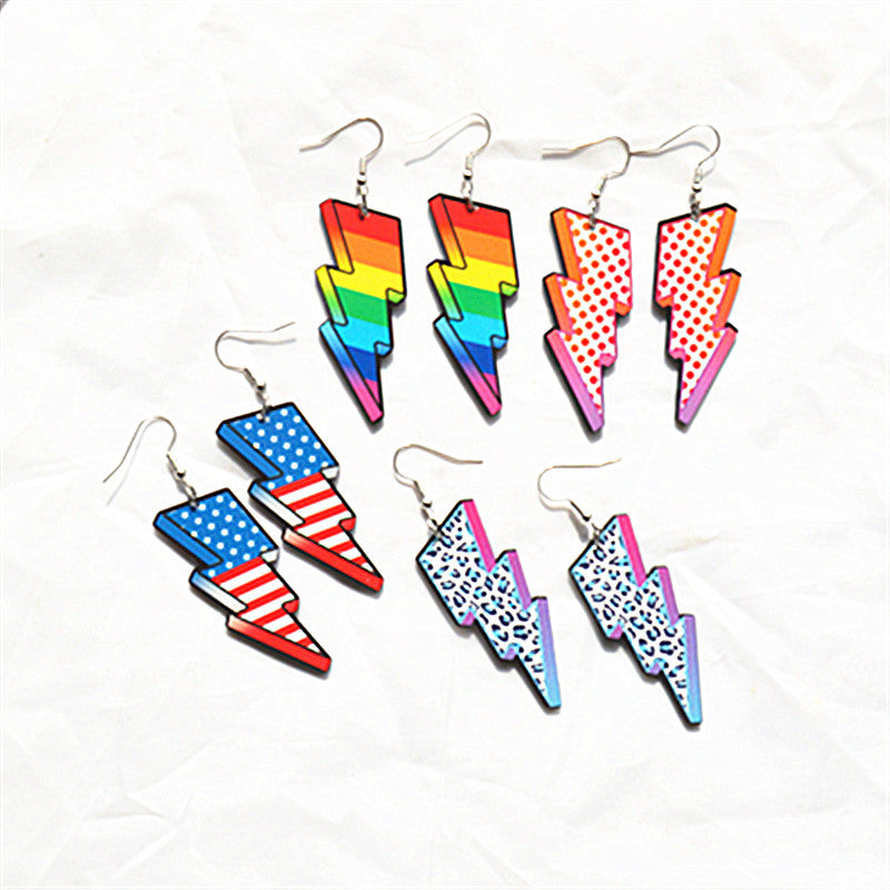 Wholesale Lightning Earrings Acrylic Double-Sided Printed Leopard Print Rainbow American Flag Lightning Shape Earrings for Women