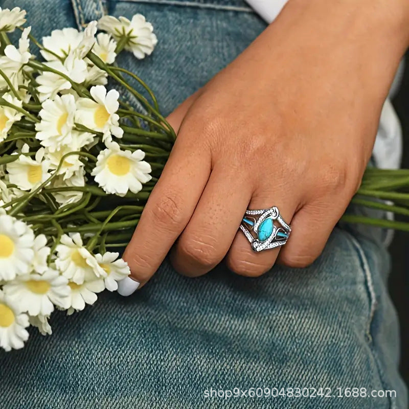Wholesale Cross-Border Supply Hot Selling New Products European and American Fashion Retro Diamond Blue Turquoise Ring Women' s Gift Factory Direct Sale