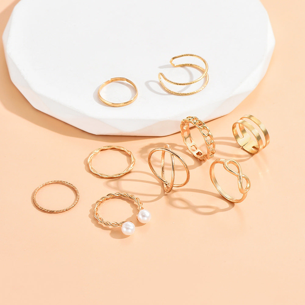 Wholesale Elegant 8-character Pearl Open Joint Ring Retro Pearl Twist Ring 9-piece Set