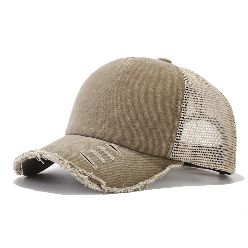 Wholesale Washed Cotton Mesh Cap with Distressed Sunshade Hole Baseball Cap Hat ACC-HT-NianKa003