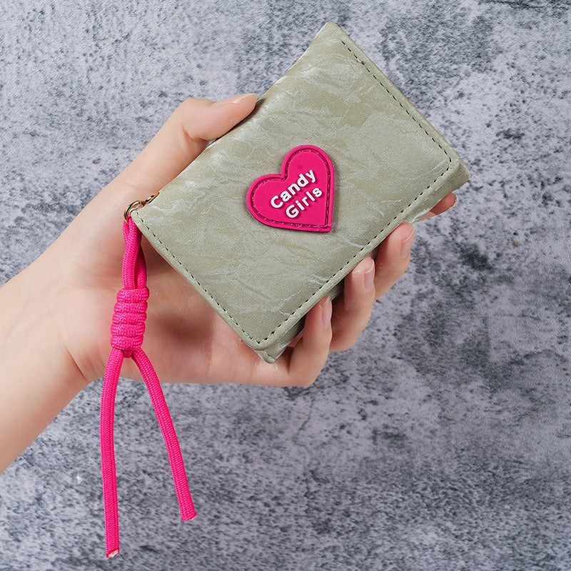 Wholesale PU Women' s Tri-Fold Wallet,  Korean Style Cute Heart Pattern,  Short Lanyard Purse,  Everyday Fashion Accessory