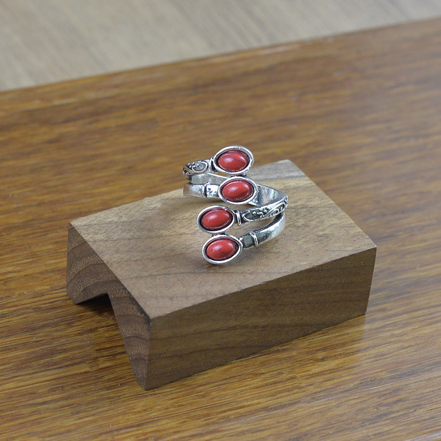 Wholesale Trendy Antique Silver Geometric Ring With Red Turquoise Distressed Ethnic Open Adjustable Band Unisex Fashion Accessory For Resale