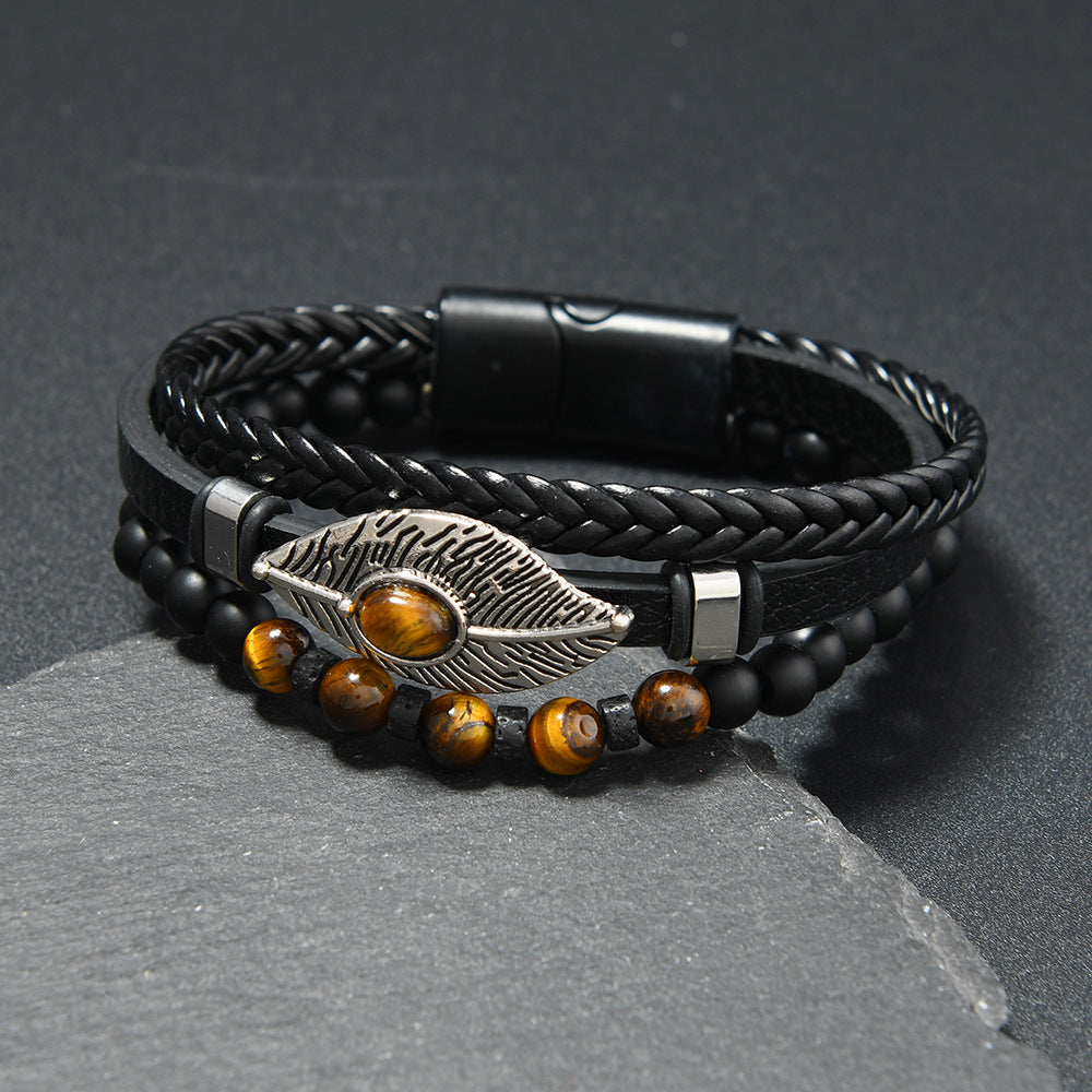 Wholesale Magnetic Buckle Alloy Bracelet with Feather Element and Turquoise Inlay for Men
