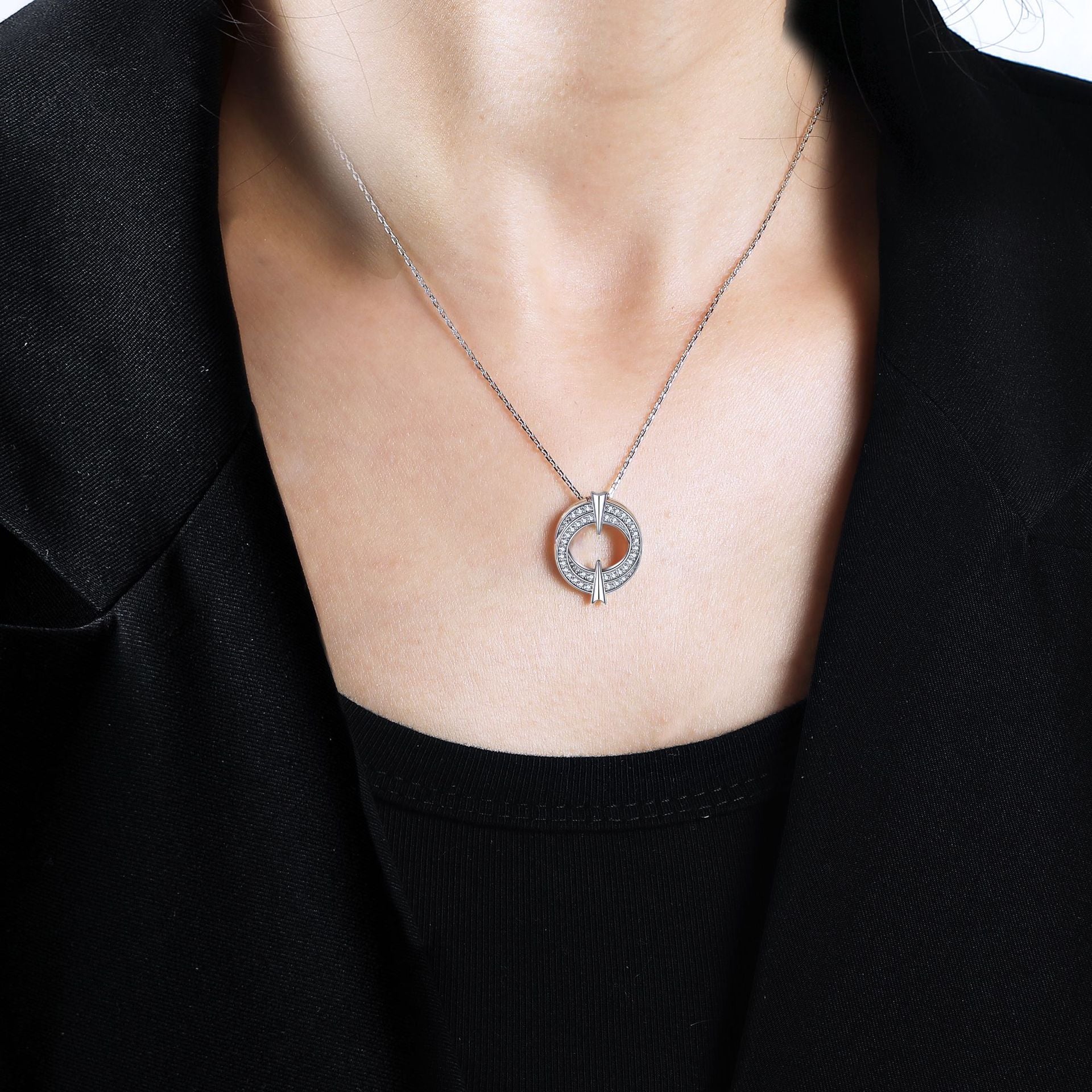 Wholesale  925 sterling silver necklace double ring round silver pendant necklace