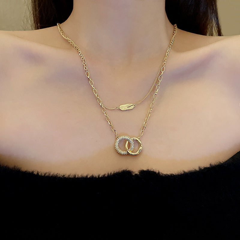Wholesale Double Layer Overlapping Ring Necklace Sweater Chain