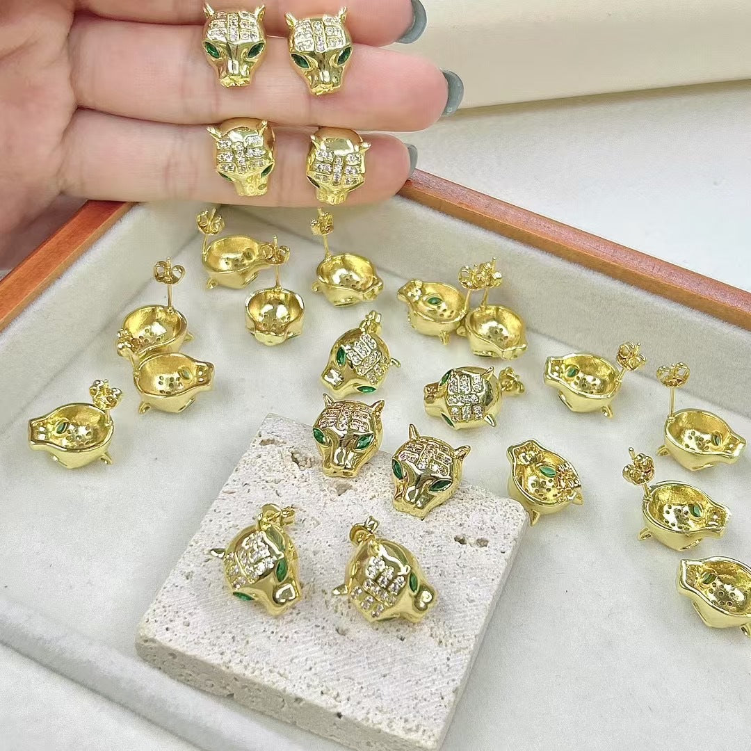 Wholesale Animal leopard head zircon earrings