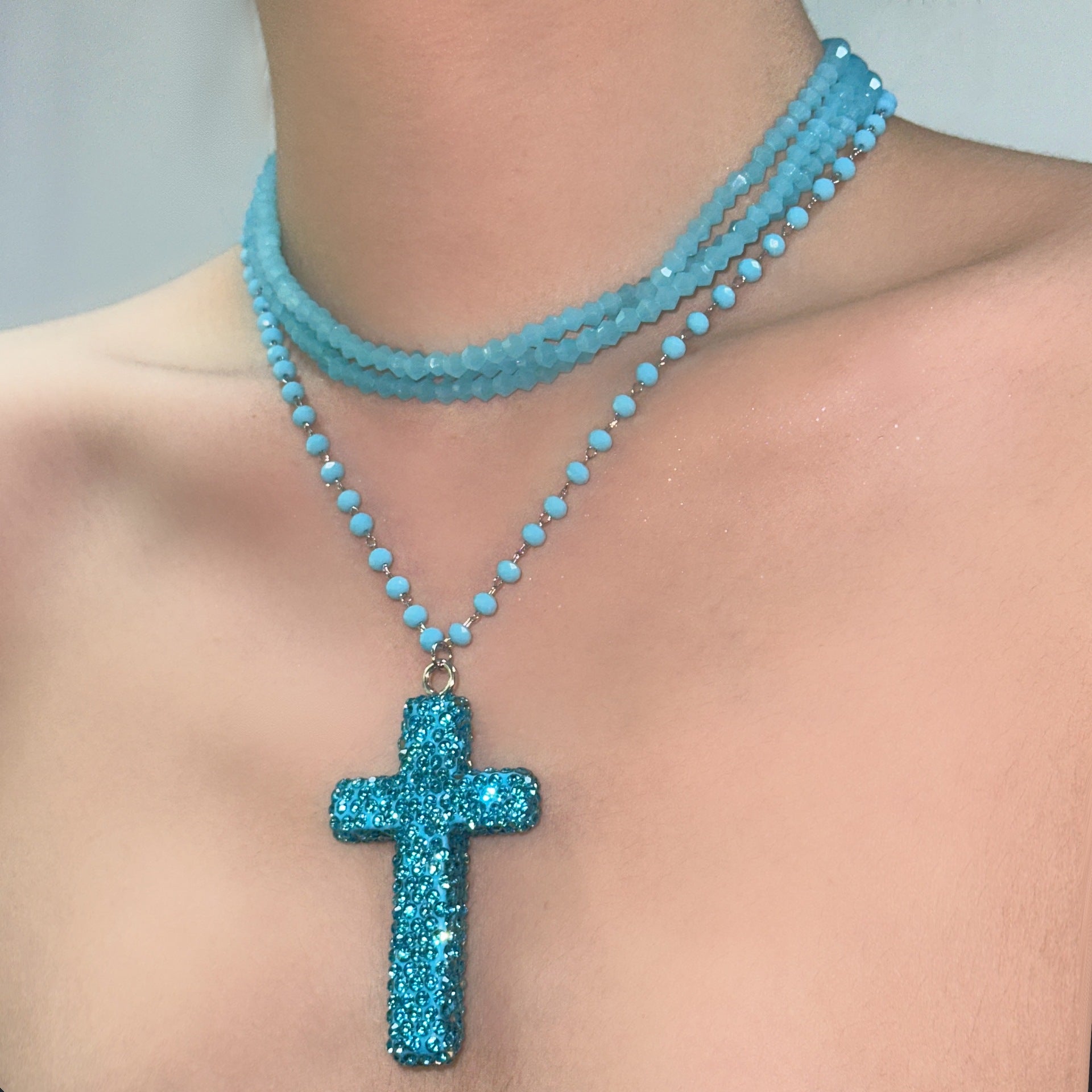 Wholesale Beaded and diamond cross double-layered necklace