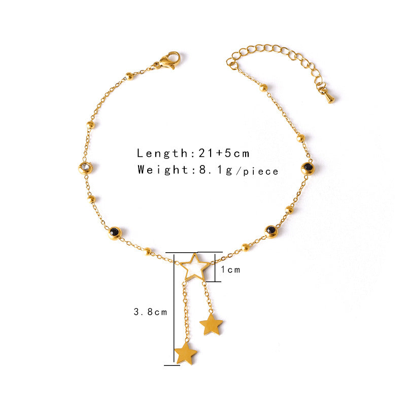Wholesale Titanium Steel Shell Star Moon Tassel Anklet Double-sided Black and White Zircon Diamond Five-pointed  Anklet