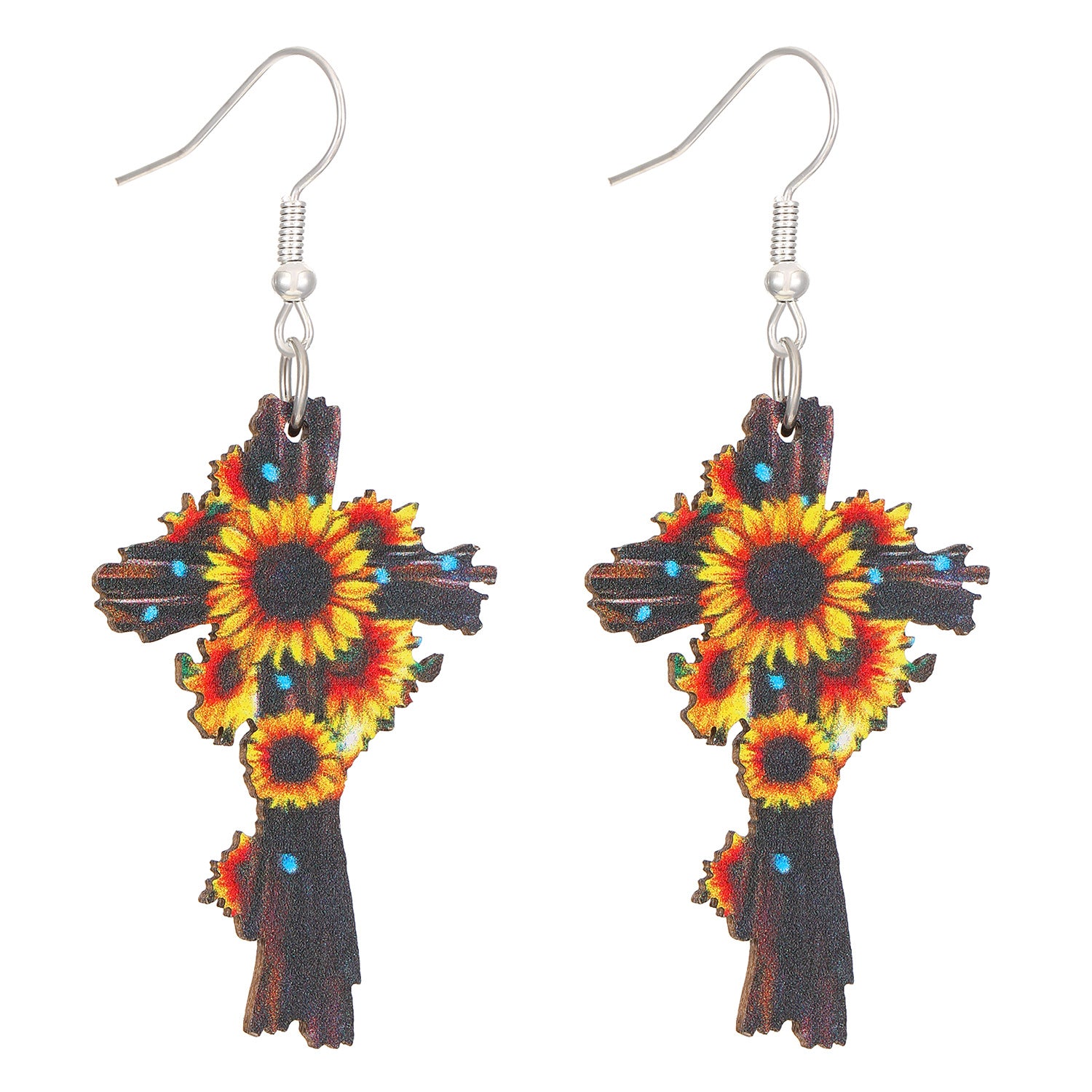 Wholesale Western Style Old Sunflower Colorful Watercolor Cross Pendant Wooden Double-Sided Earrings