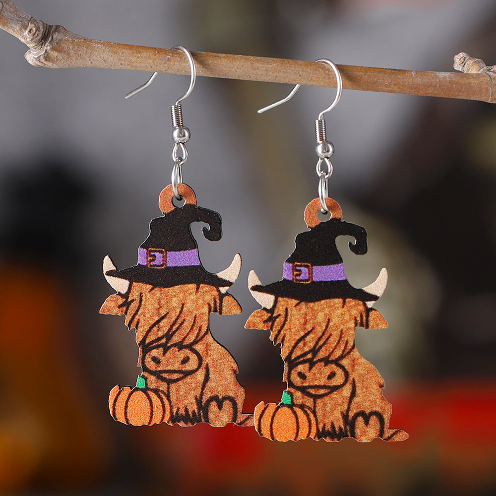 Wholesale Halloween Witch Hat Western Alpine Cow Ghost Face Pumpkin Wooden Earrings ACC-ES-ChuLian043