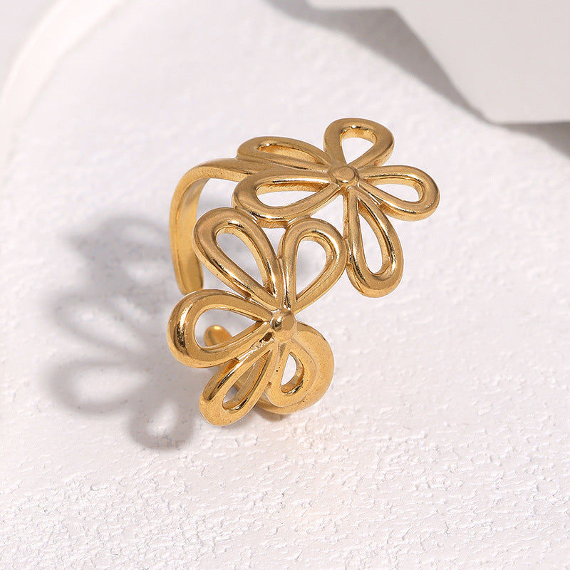 Wholesale Modern Flower Open Ring Adjustable Stainless Steel Gold Women Fashion Jewelry Accessory Gift