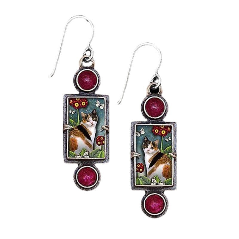 Wholesale  cat pattern geometric earrings  retro rectangular metal inlaid red gem handmade earrings