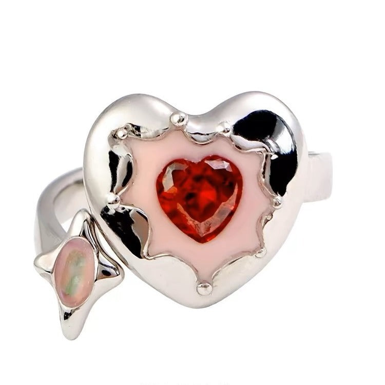 Wholesale Red Heart Diamond Pink Oil Dripping Opening Adjustable Ring