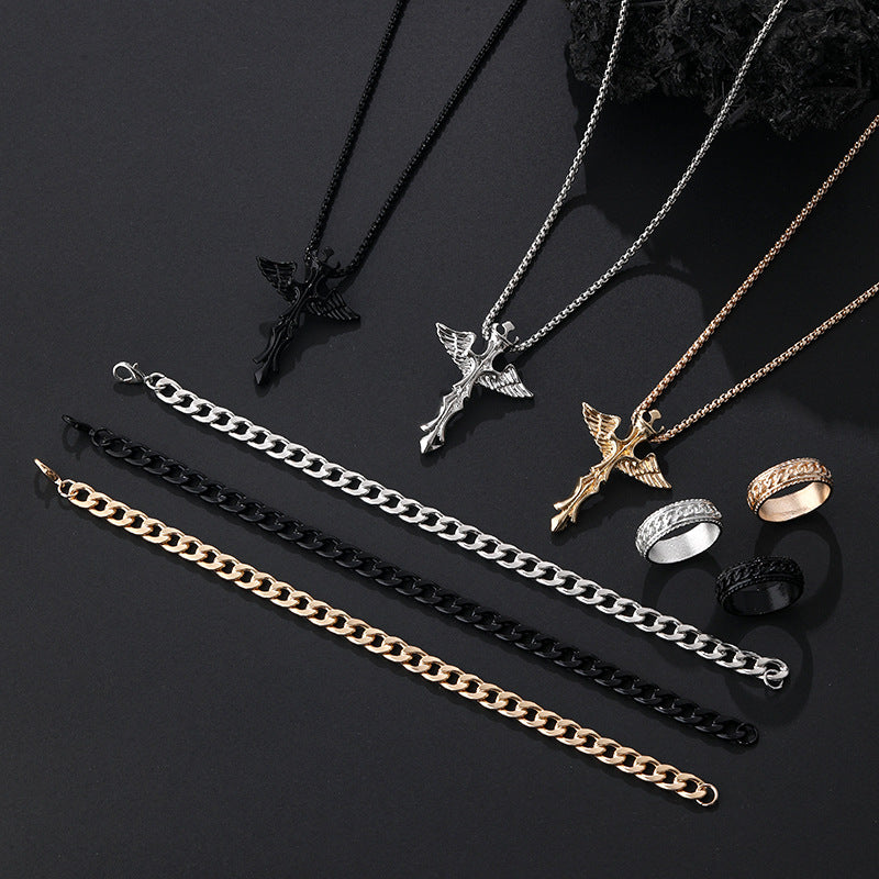 Wholesale Stylish Black Cross Crown Roman Numeral 3 Piece Jewelry Set Necklace Bracelet Ring Fashion Accessory Gift